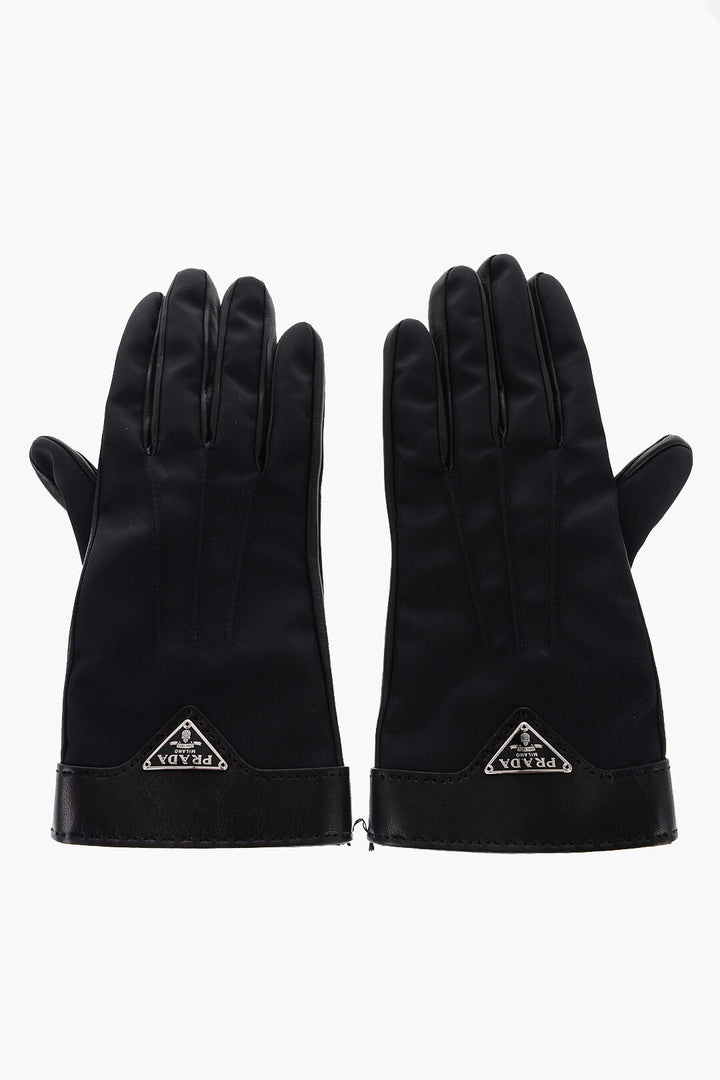 PRADA NYLON AND LEATHER GLOVERS WITH METAL-LOGO