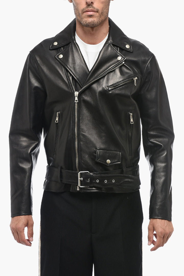 Giacca da motociclista in pelle SLEEK con logo stampato Palm Angels