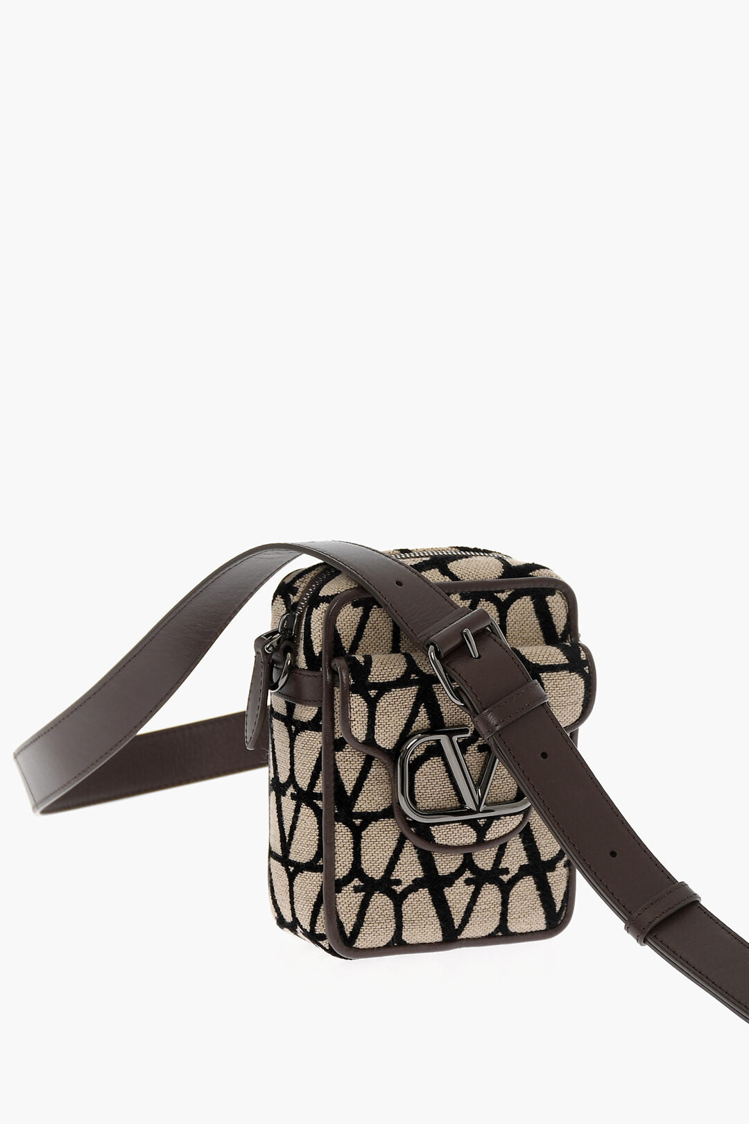 Valentino GARAVANI Leather and Fabric Crossbody Bag with Logoed Details