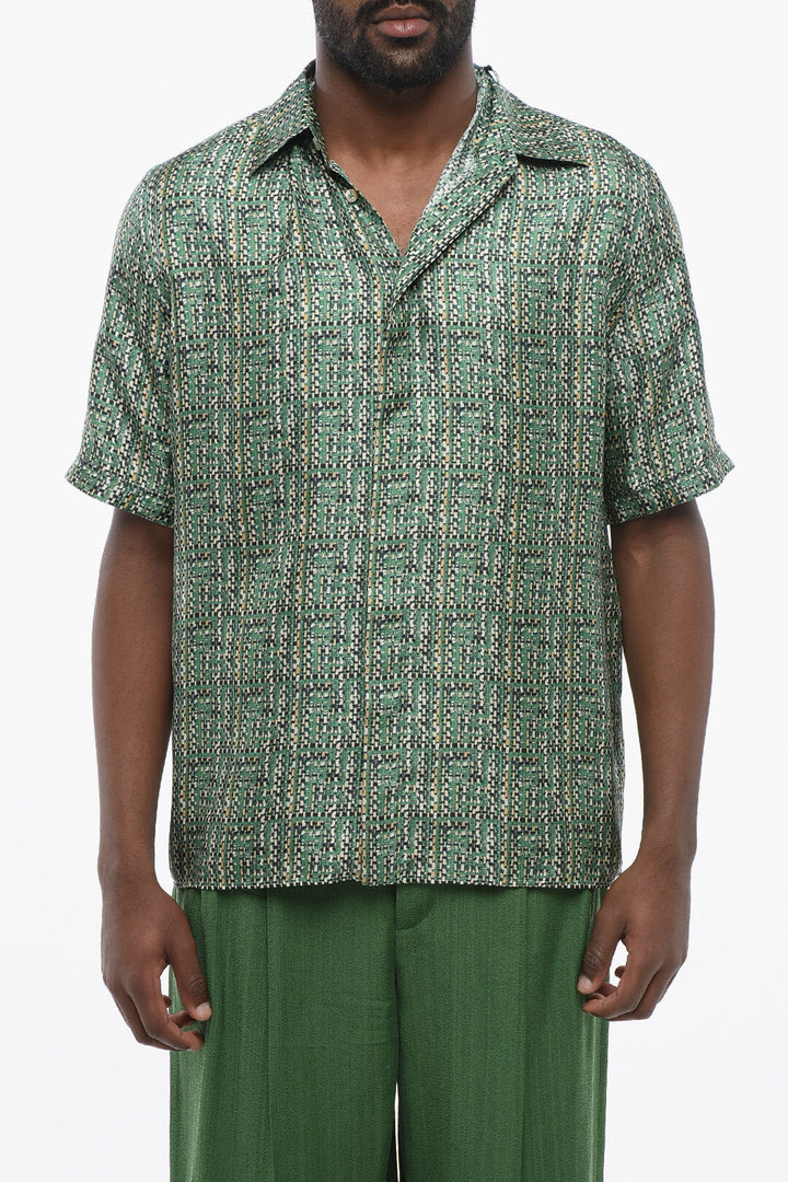 Fendi Short-sleeved Silk Shirt with Tweed Motif