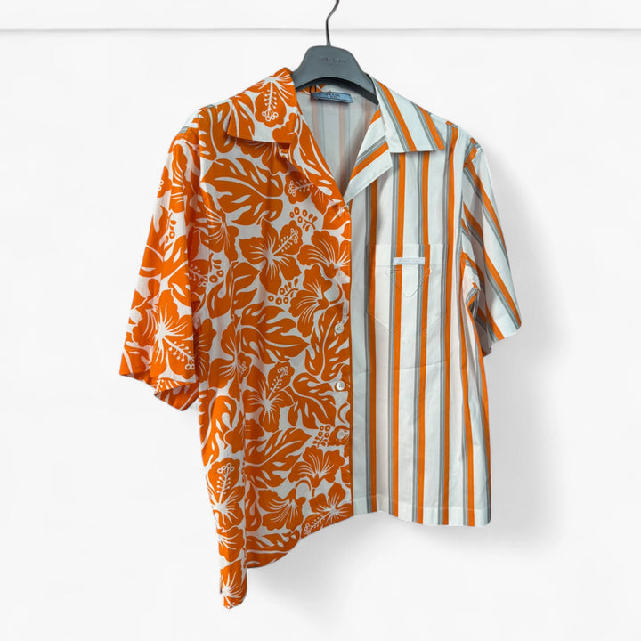 Prada Shirt Orange And White With Flowers Double Match Graphic Print