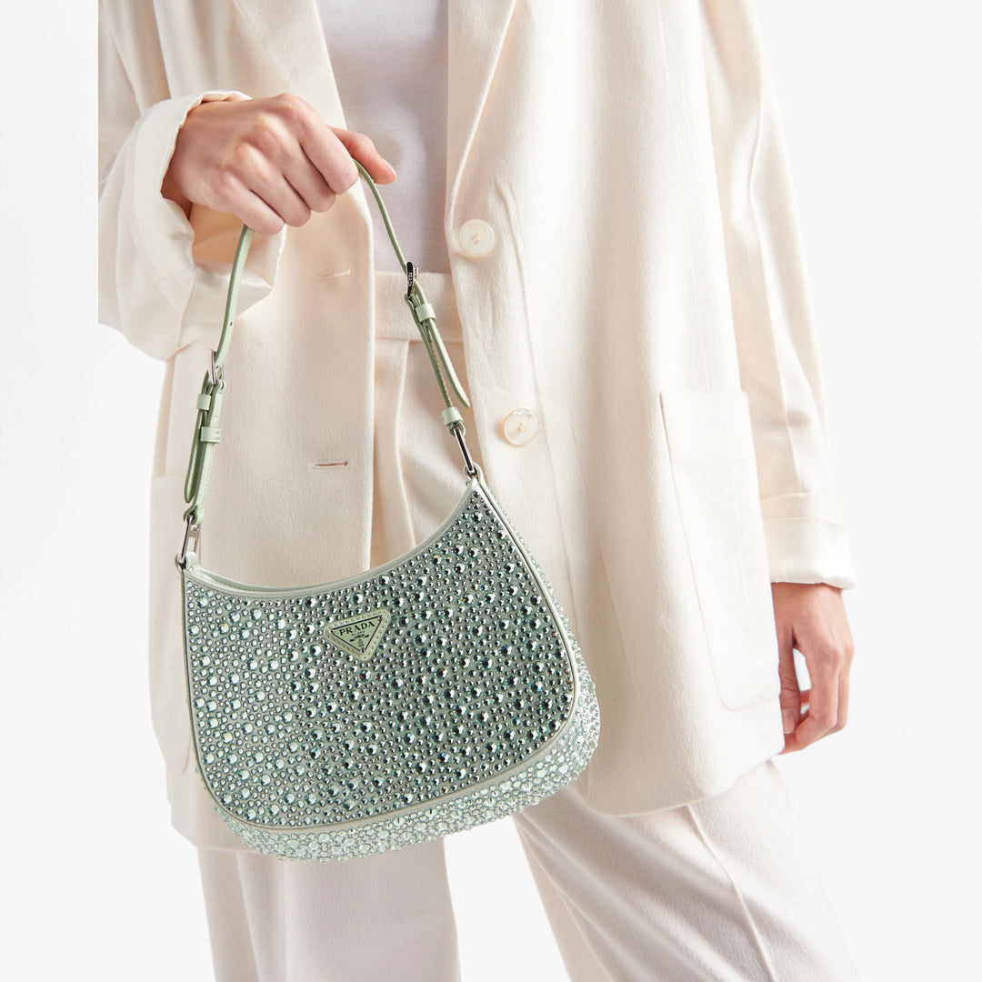Borsa a tracolla PRADA Cleo Satin Crystal Appliqué Acqua