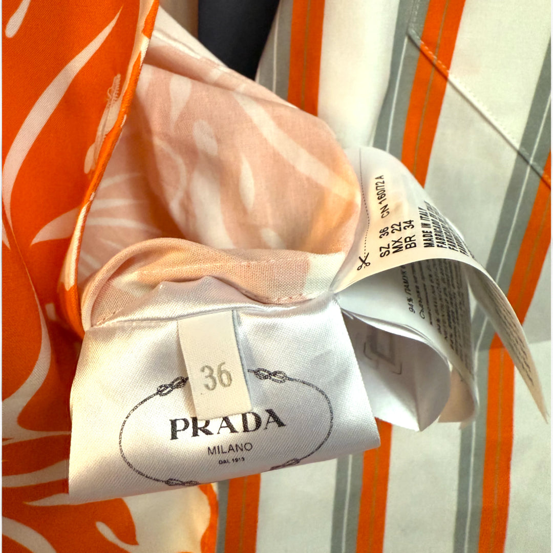 Prada Shirt Orange And White With Flowers Double Match Graphic Print
