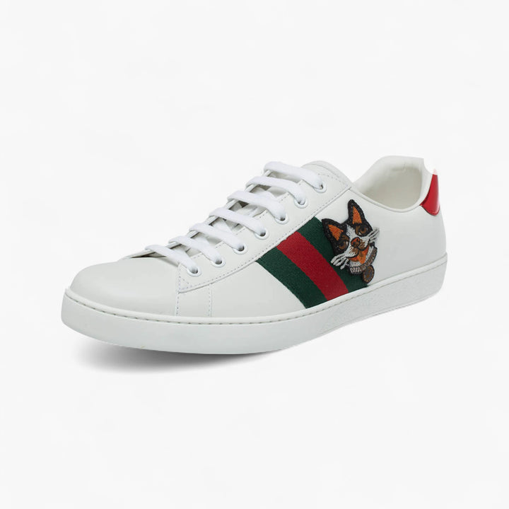 Gucci White Leather Dog New Ace Low Top Sneakers