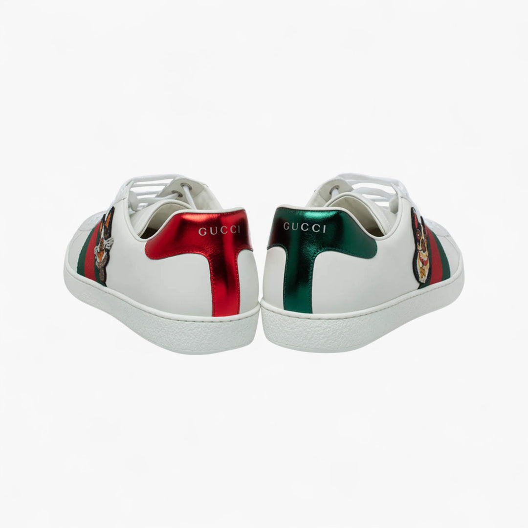 Gucci White Leather Dog New Ace Low Top Sneakers