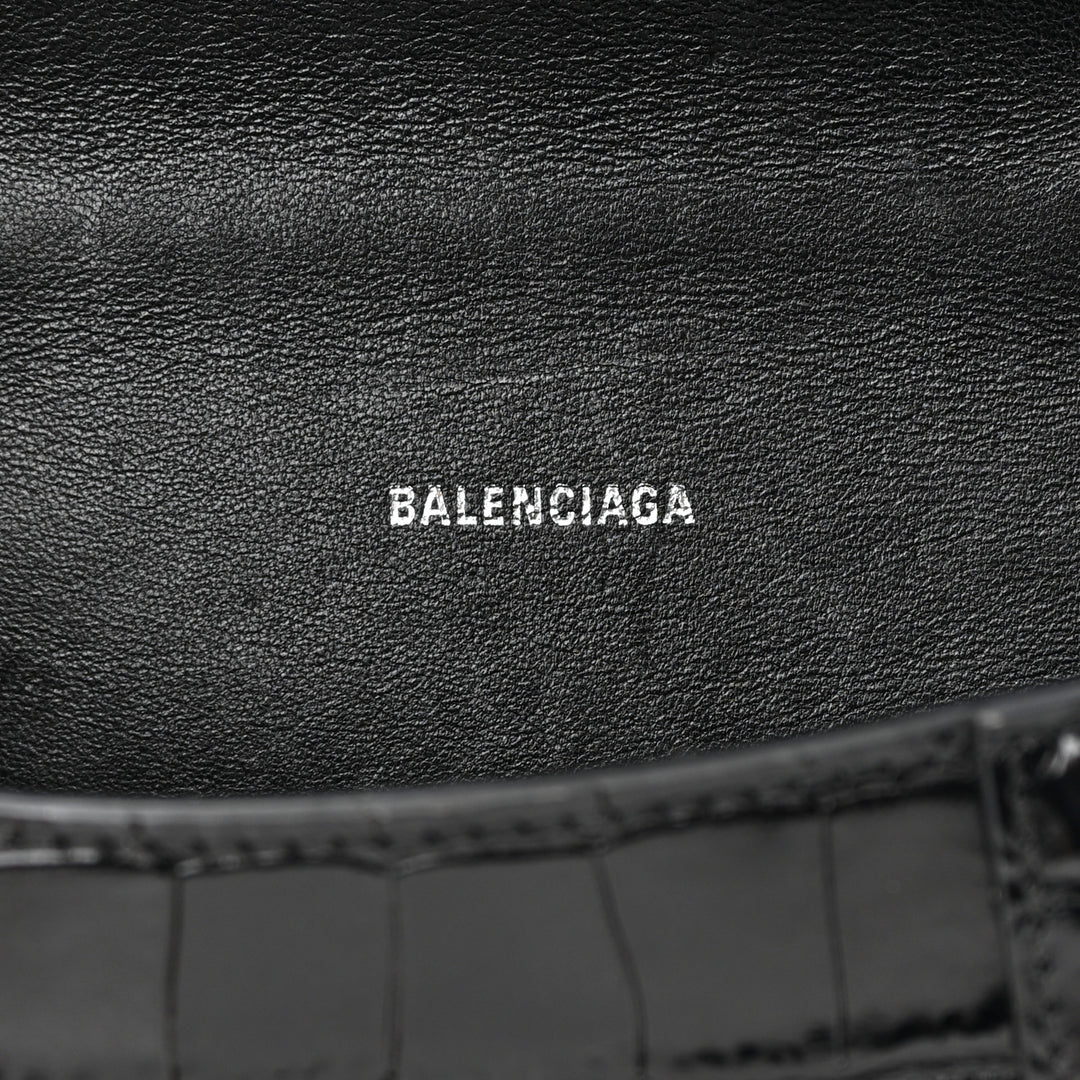BALENCIAGA XS HOURGLASS BORSA A MANO PICCOLA IN COCCODRILLO GOFFRATO IN NERO 