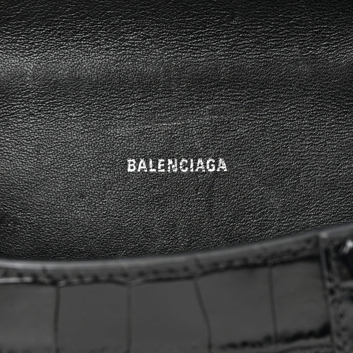 BALENCIAGA XS HOURGLASS BORSA A MANO PICCOLA IN COCCODRILLO GOFFRATO IN NERO 