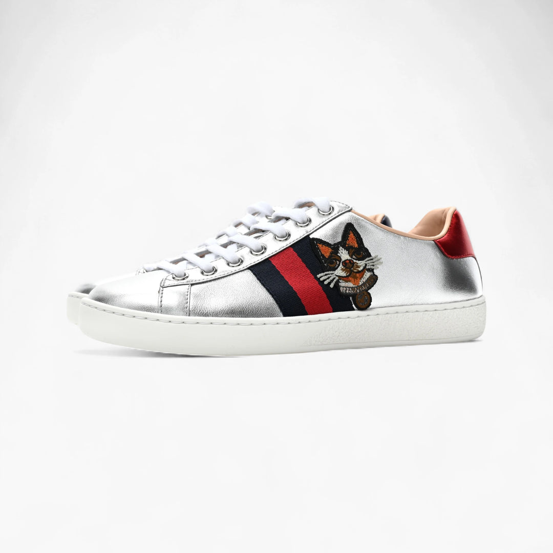 Gucci Metallic Nappa Silk Ayers Web Embroidered Women's Ace Sneakers