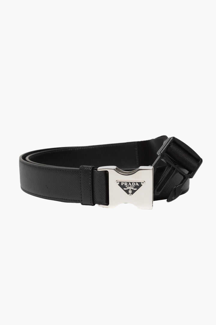 Prada Black Leather Belt with Iconic Branded Buckle