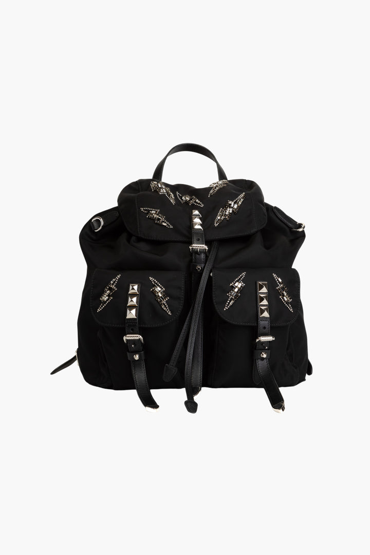 Borsa Prada nera in nylon Made in Italy con decorazioni e spallacci regolabili