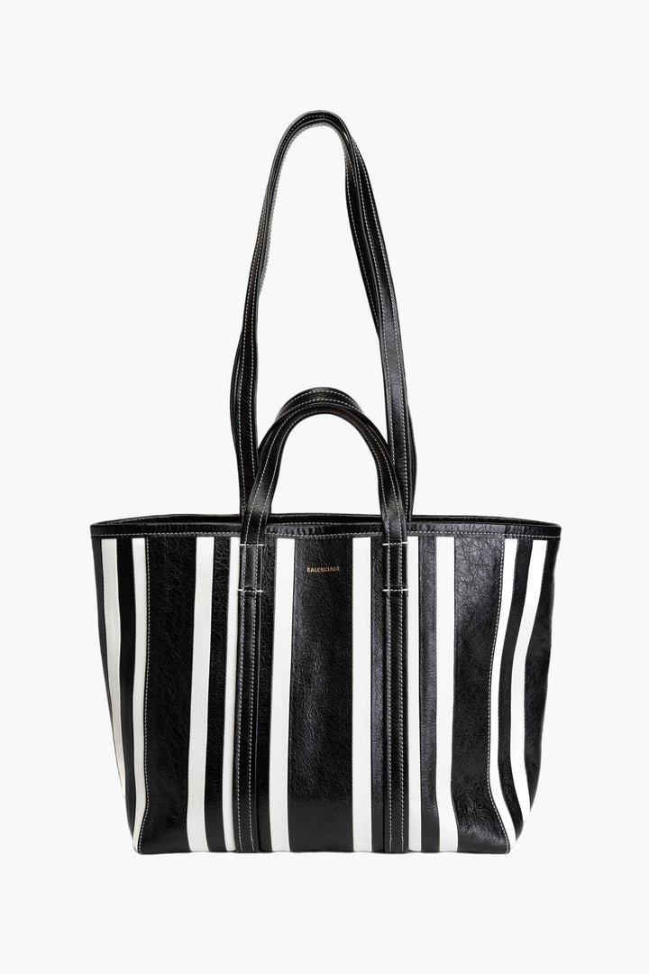 Balenciaga Black and White Striped Leather Tote Bag