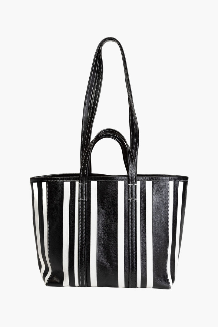 Balenciaga Black and White Striped Leather Tote Bag