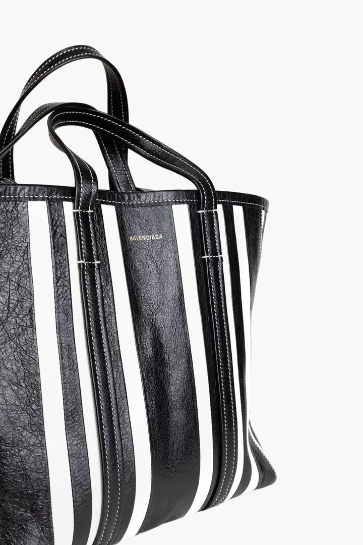 Balenciaga Black and White Striped Leather Tote Bag