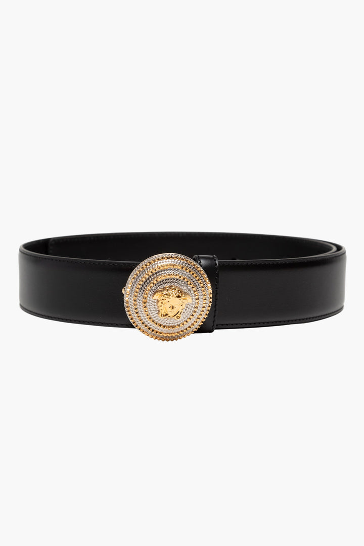 Versace Black Leather Belt with Gold Medusa Head Buckle