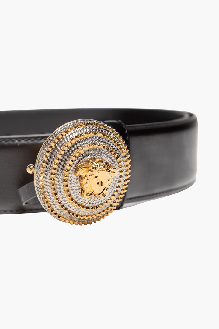 Versace Black Leather Belt with Gold Medusa Head Buckle