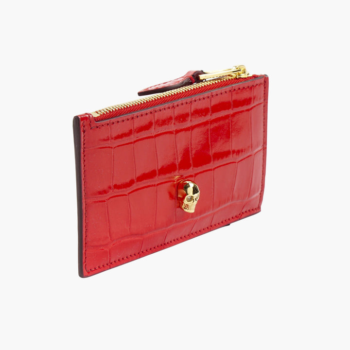 Alexander McQueen Red-Gold Crocodile-Embossed Wallet with Skull Motif