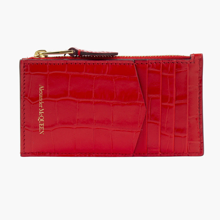 Alexander McQueen Red-Gold Crocodile-Embossed Wallet with Skull Motif