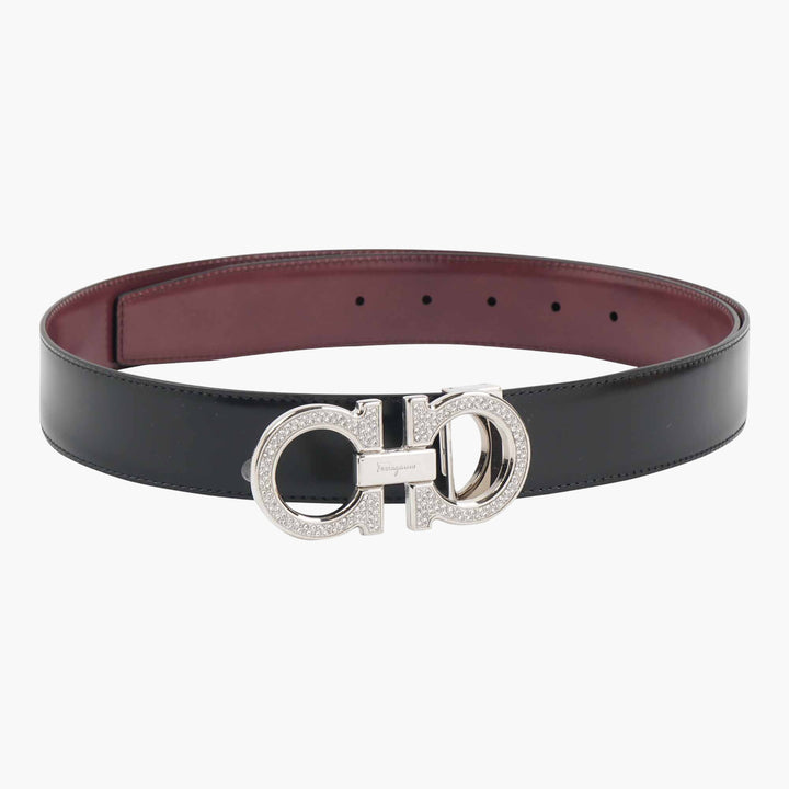 Cintura in pelle con fibbia Gancini Swarovski nera Salvatore Ferragamo