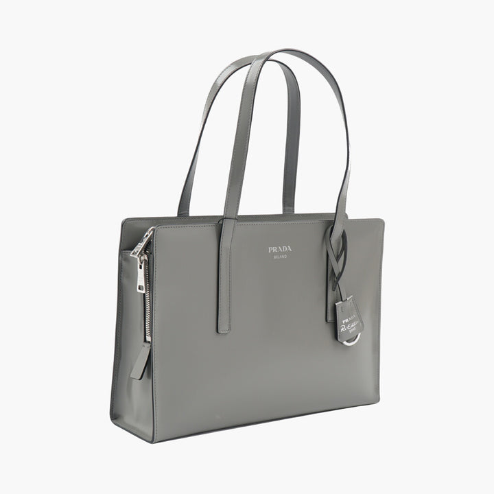 Prada Grey Leather Bag with Spacious Interior and Double Straps - Made in Italy
