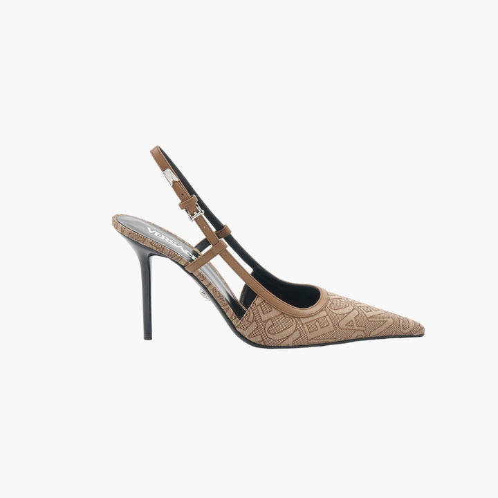 VERSACE Canvas Monogram Slingback Heels with Stiletto Heel in Marrone