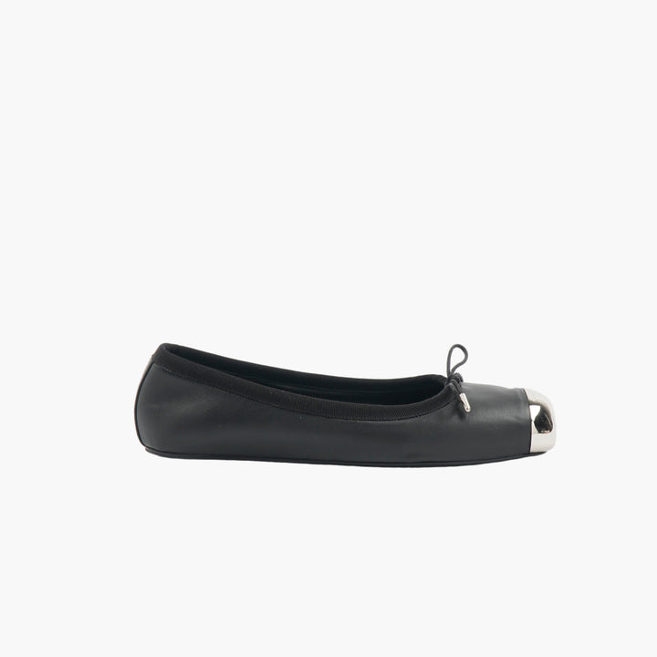 ALEXANDER MCQUEEN Women's Leather Ballerina Flats with Metallic Toe Cap - Nero