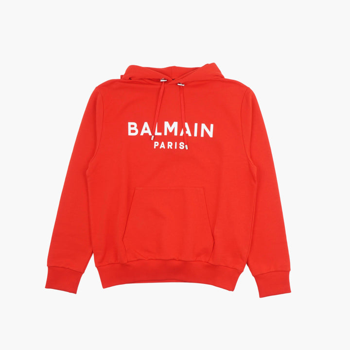 Felpa con cappuccio BALMAIN con logo rosso-bianco e tasca a marsupio