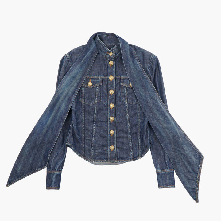Giacca in denim Balmain con bottoni color oro e sciarpa di estensione