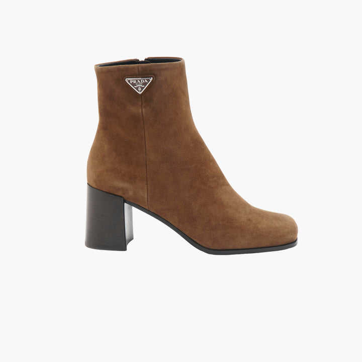 Prada Luxurious Suede Ankle Boots with Block Heel in Brown-Silver