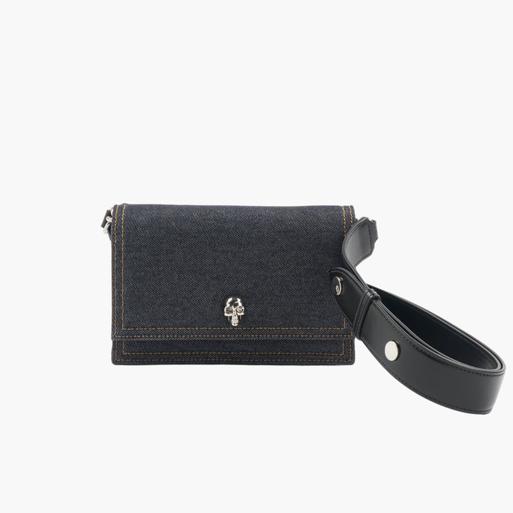 ALEXANDER MCQUEEN Denim and Leather Clutch with Signature Skull Emblem