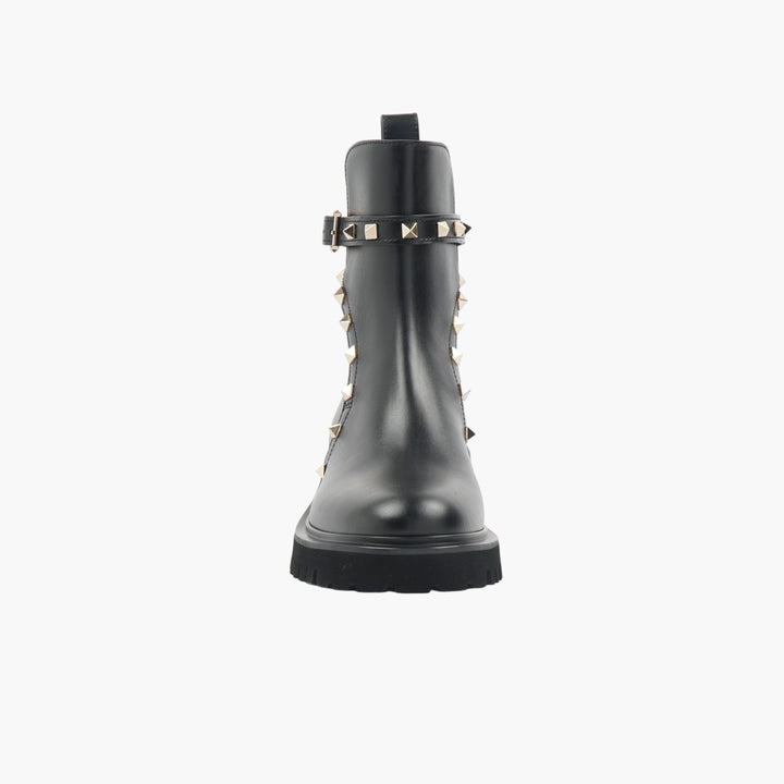 VALENTINO Women's Black-Gold Rockstud Leather Ankle Boots Made in Italy