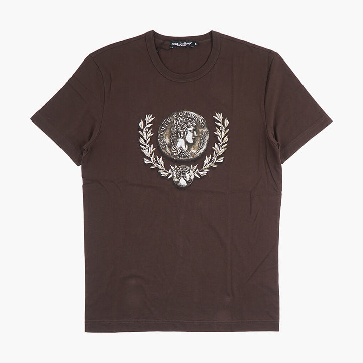 Dolce & Gabbana T-Shirt with Coin and Laurel Emblem, Brown