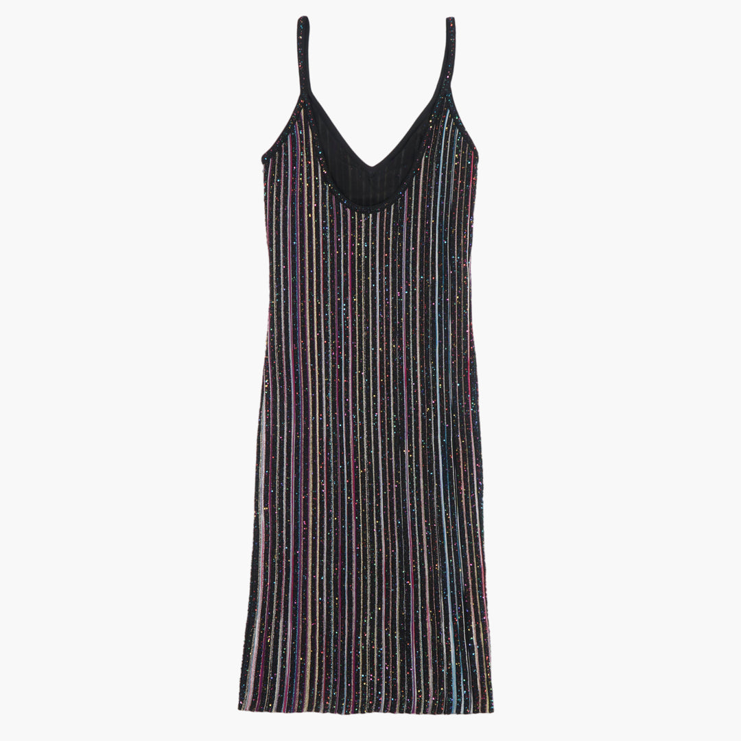 MISSONI Elegant Black Multi-Color Striped Dress with Spaghetti Straps