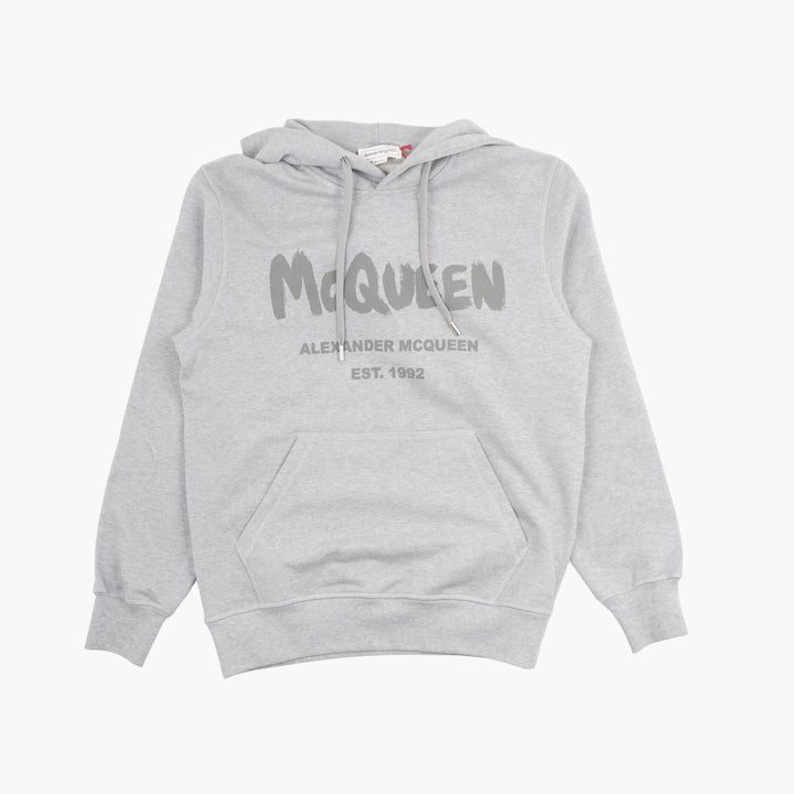 ALEXANDER MCQUEEN Grey Hoodie with Bold McQueen Print - Made in Italy
