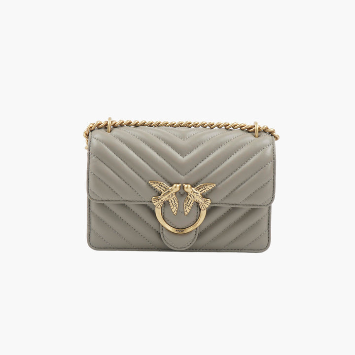 Borsa a tracolla trapuntata Pinko grigio-oro con tracolla a catena dorata e iconico logo dell'uccello