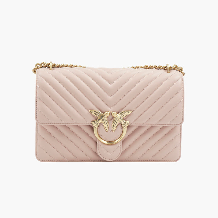 Borsa Pinko elegante trapuntata con decorazione a forma di uccello color oro in rosa-oro