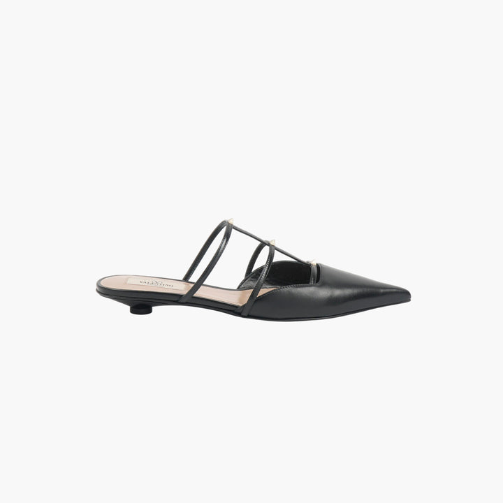 Valentino Elegant Black Leather Pointed-Toe Mules with Strappy Detailing