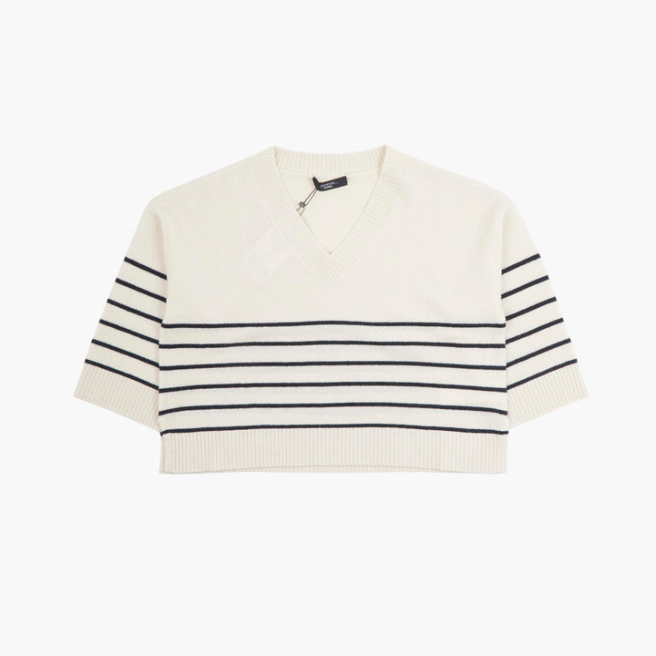 Max Mara Maglione a V a righe avorio-blu navy